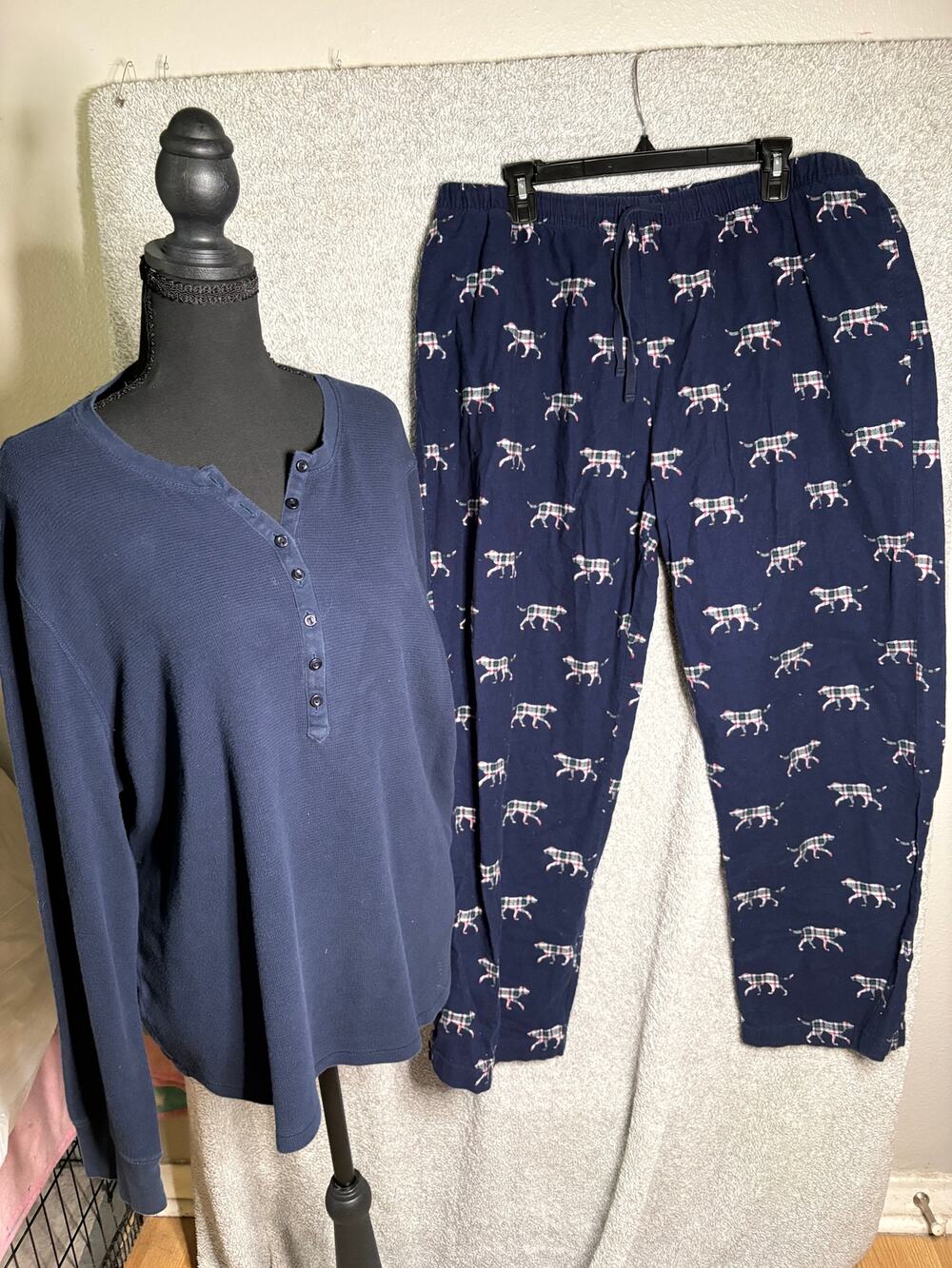 L.L.Bean Pajama Set 2X XL Navy Plaid Dog Print Henley